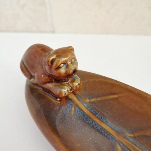 Cat Incense Holder Stick Burner Leaf Brown Ceramic Animal Figure - Picture 7 of 9